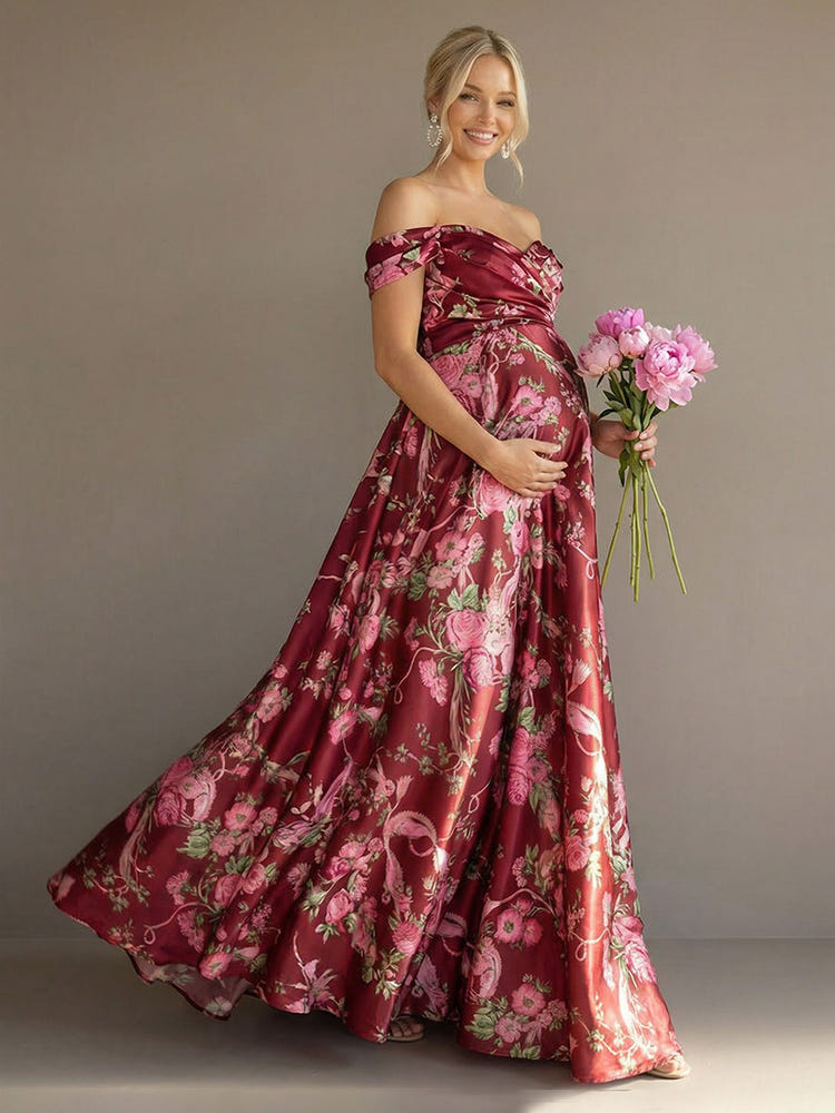 Off the Shoulder Floral Corset Pleated Formal Dresses