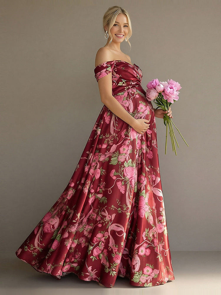 Off the Shoulder Floral Corset Pleated Formal Dresses