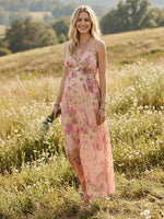 V Neck Floral Spaghetti Straps Formal Dresses