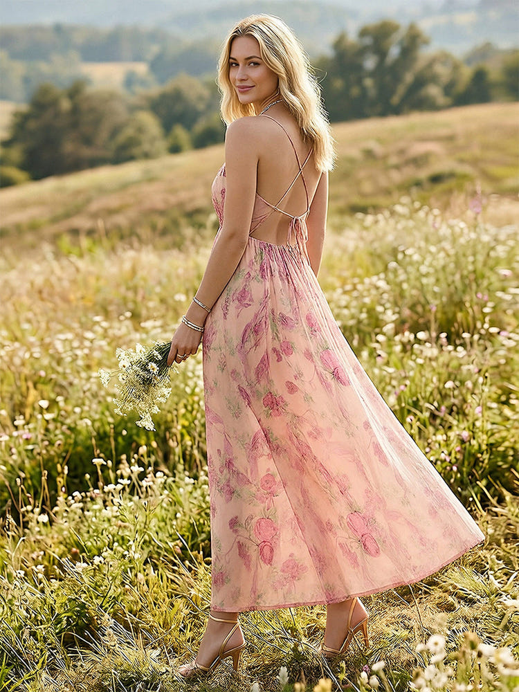 V Neck Floral Spaghetti Straps Formal Dresses