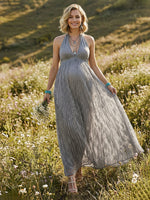 Halter A Line Backless Formal Dresses with Floral