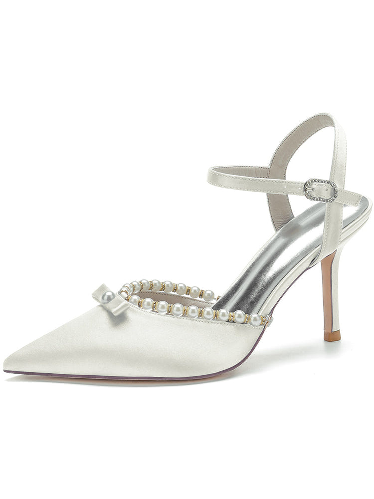 Women's Bow Pointed Toe High Heel Buckle Wedding Party Sandals with Pearls