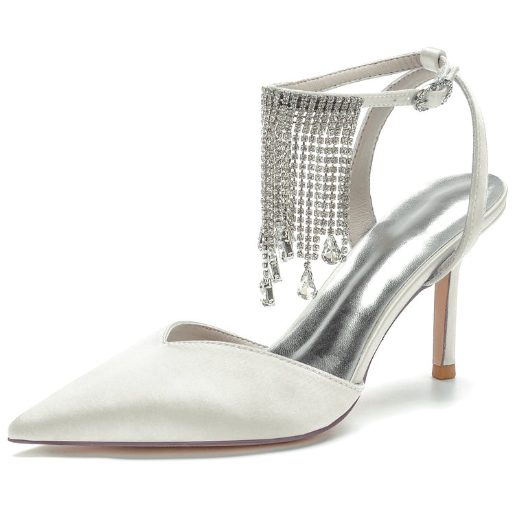 Pointed Toe High Heel Ankle Strap Party Pumps with Rhinestone Fringe