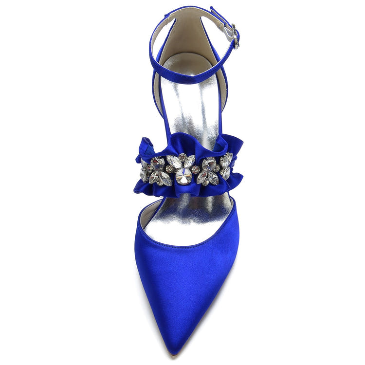 Women's Closed Toe High Heel Buckle Ruffled Party Shoes with Rhinestone