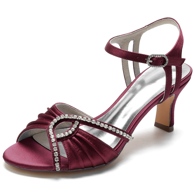 Women's Ruched Peep Toe Kitten Heel Buckle Party Shoes with Rhinestone