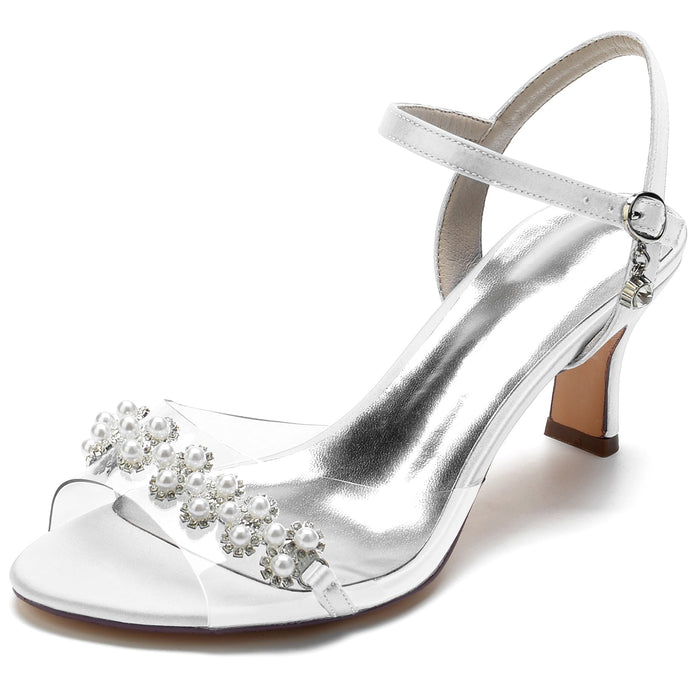 Women's Peep Toe Ankle Strap Mid Heel Wedding Sandals with Pearls