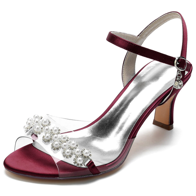Women's Peep Toe Ankle Strap Mid Heel Wedding Sandals with Pearls