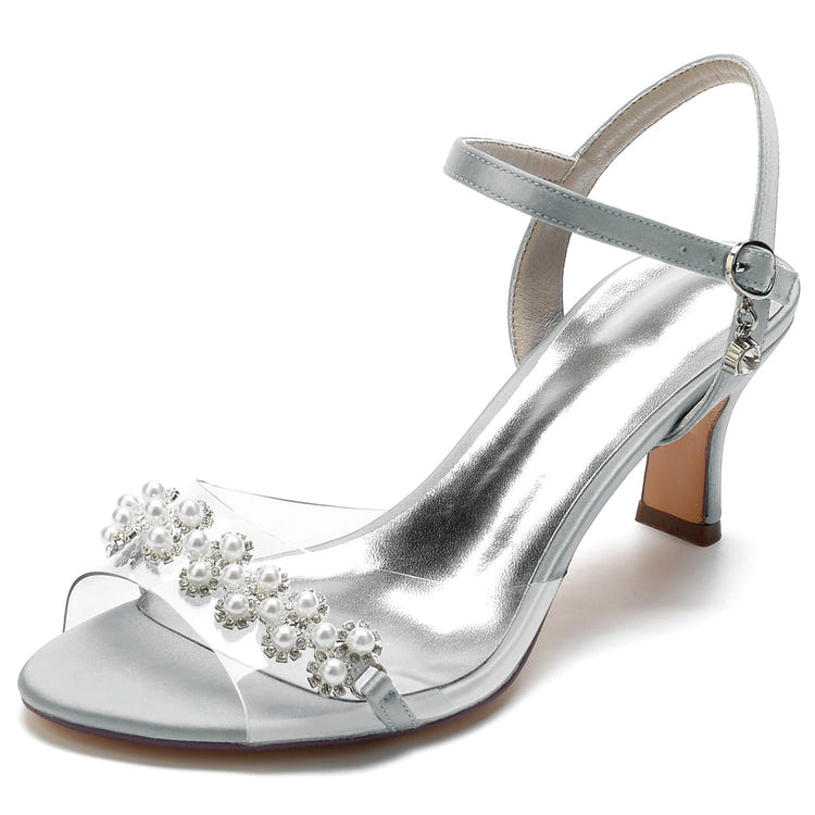 Women's Peep Toe Ankle Strap Mid Heel Wedding Sandals with Pearls