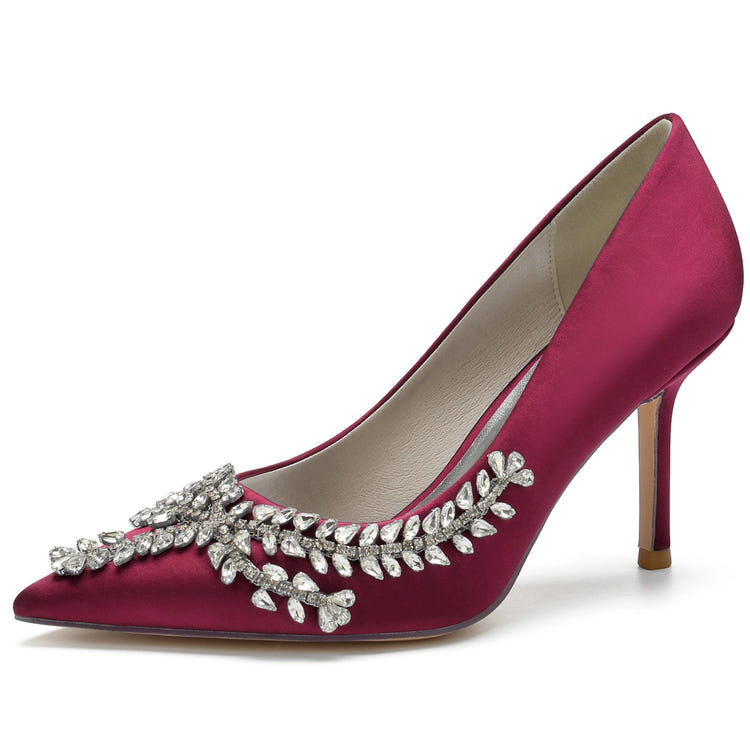 Women's Closed Toe High Heel Elegant Wedding Shoes with Leaf Rhinestones