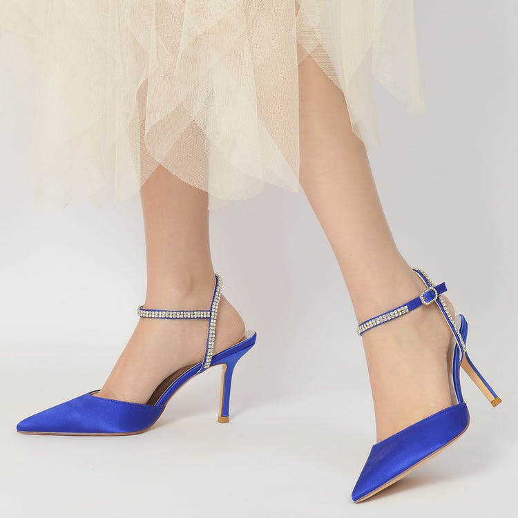 Women's Elegant Pointed Toe High Heel Rhinestone Ankle Strap Pumps