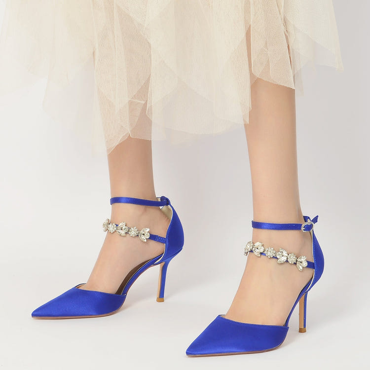 Women's Closed Toes Rhinestone Ankle Straps Wedding Shoes with Flower