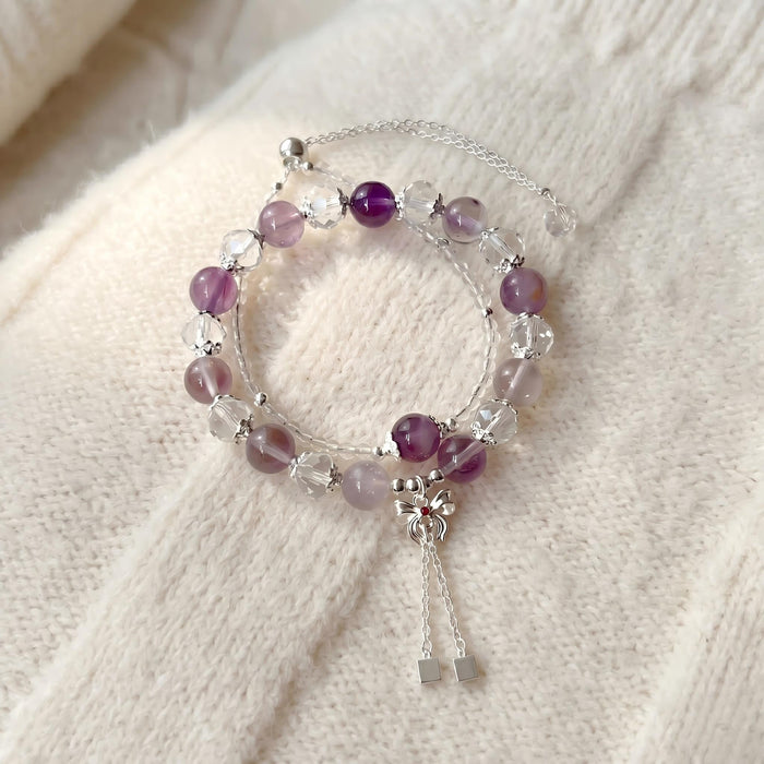 Natural Amethyst Clear Quartz Adjustable Silver Bow Bead Bracelets
