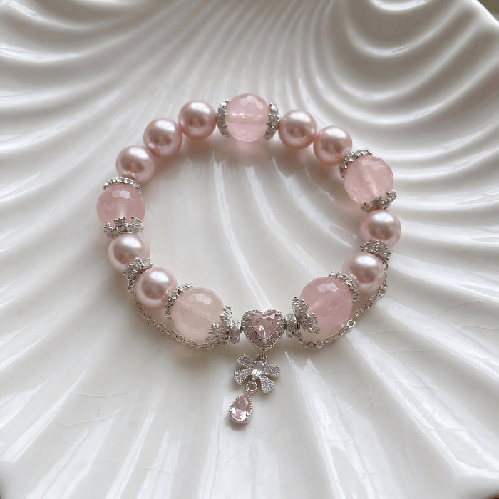 Pink Crystal Pearl Heart Charm Bead Bracelets