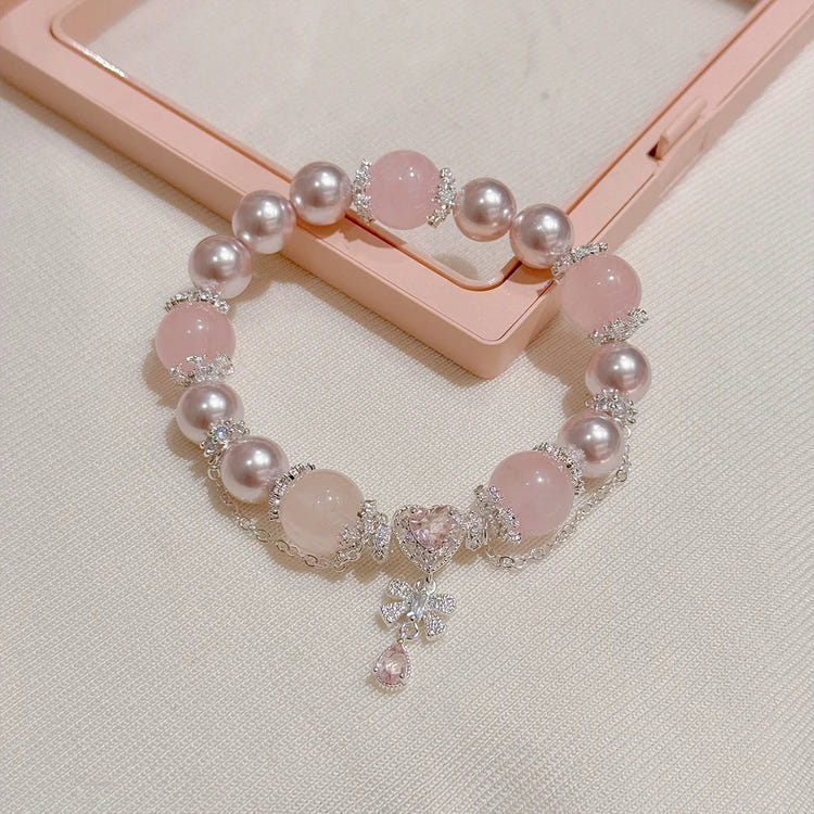 Pink Crystal Pearl Heart Charm Bead Bracelets