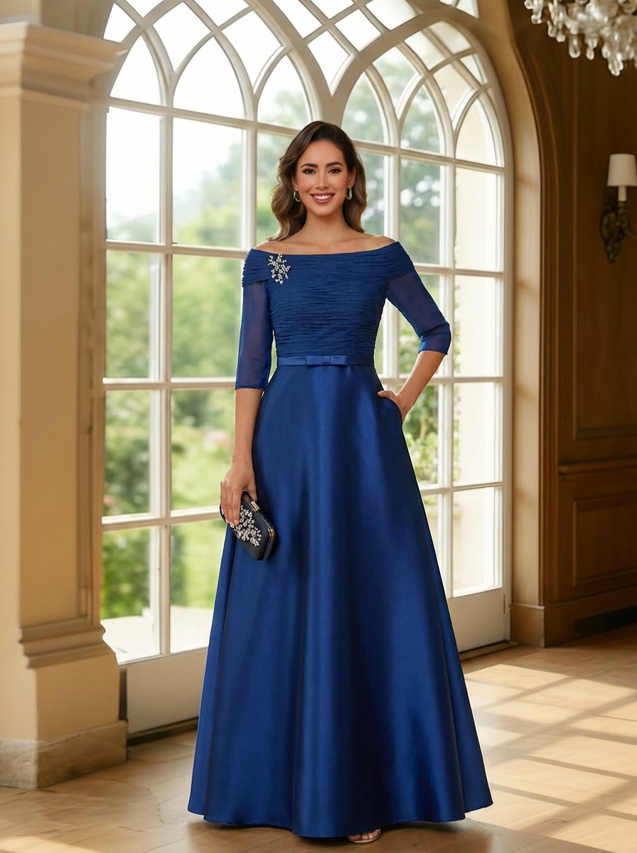 Boat Neck Satin Dress with Sleeves Pleated Mother of the Bridal Dresses