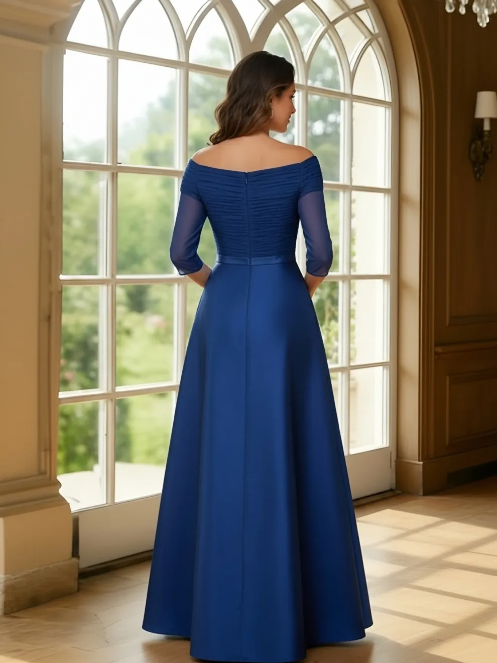 Boat Neck Satin Dress with Sleeves Pleated Mother of the Bridal Dresses